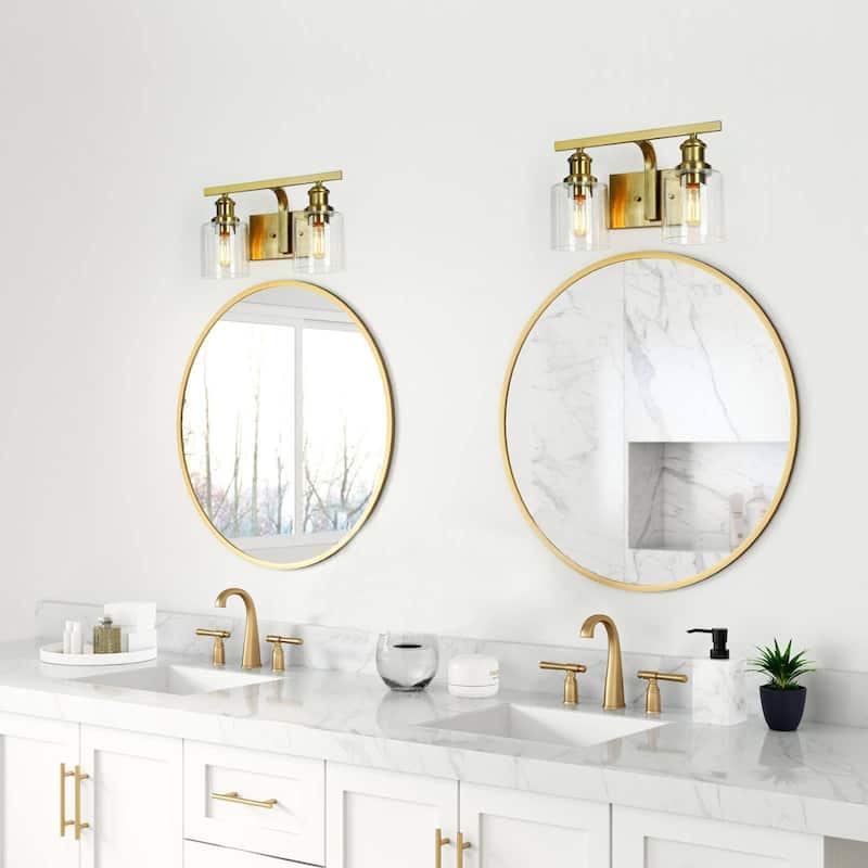 Oriva Modern 2-Light Gold Wall Sconce Cylinder Clear Glass Bathroom Vanity Light - Brushed Electroplated Copper - W14"xD6.5"xH9"