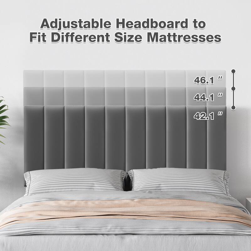 Bed Frame with Velvet Headboard Adjustable, Strong Wooden Slat Support