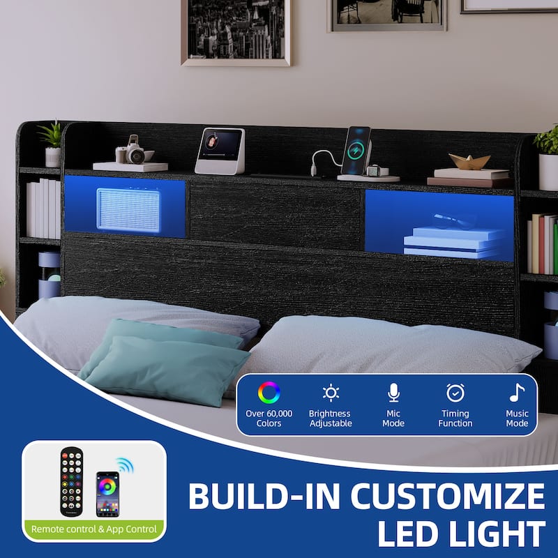 Queen/King Size LED Bed Frame with Bookcase Headboard, 4 Storage Drawers and Charging Station