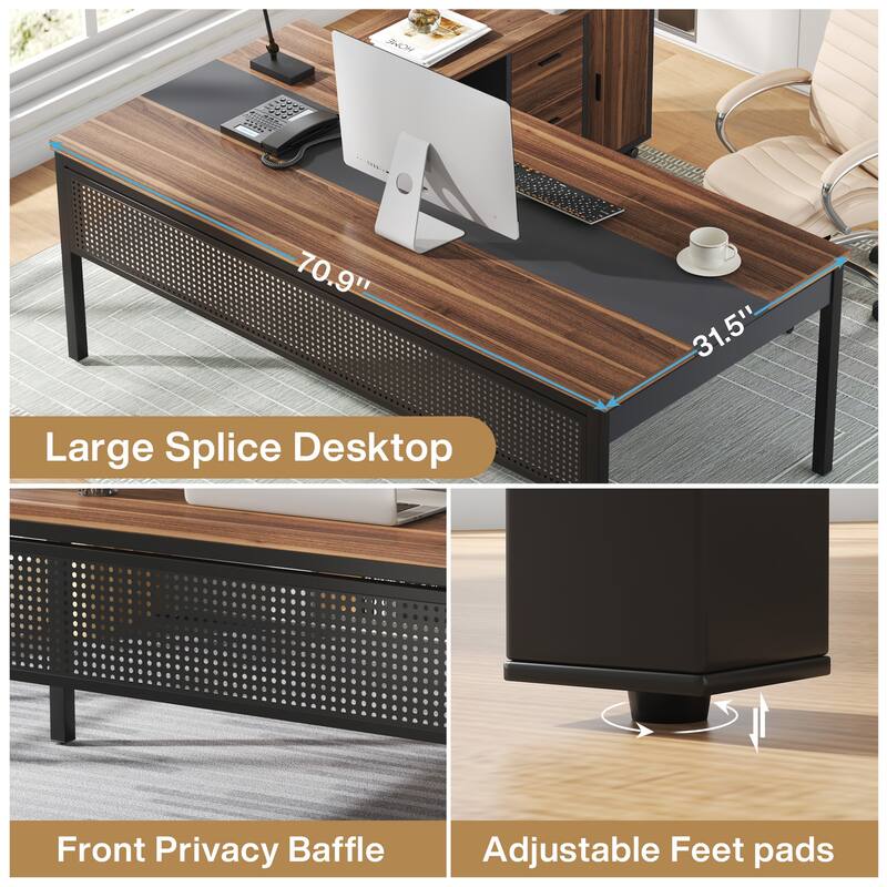 71 Inch Long Office Desk with Drawers & Mobile File Cabinet, L-Shaped Executive Desk with Storage for Home Office