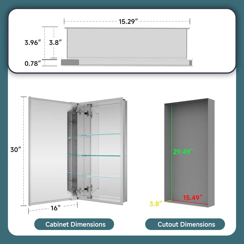 16x30" Tri-View Mirrored Medicine Cabinet with Soft-Close Blum Hinges, Reversible Door, Recessed/Surface Mount, Aluminum Body