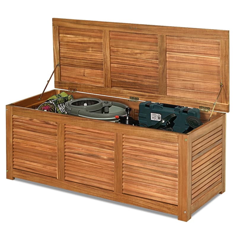 Costway 46 Gallon Deck Storage Acacia Wood Organization Toys Cushions - See Details