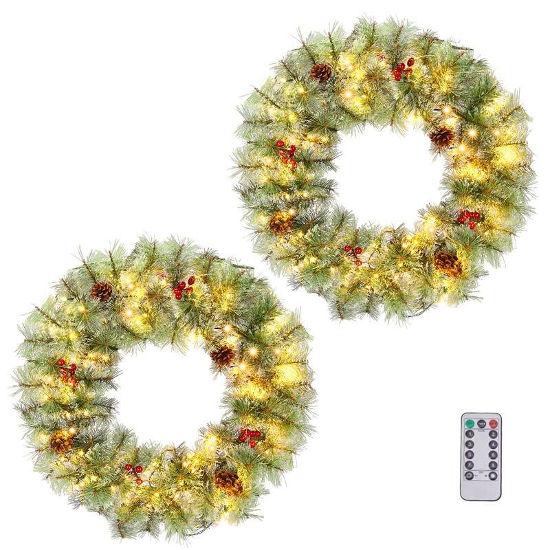 2 Pack 24in Pre-lit Christmas Wreath, Lighted Artificial Xmas Wreath with Red Berries Pine Cones, for Party Decorations