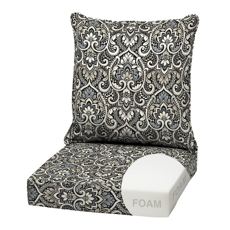 ARDEN Outdoor Foam Deep Seat Cushion Set, 22 in x 24 in - Black Aurora Damask