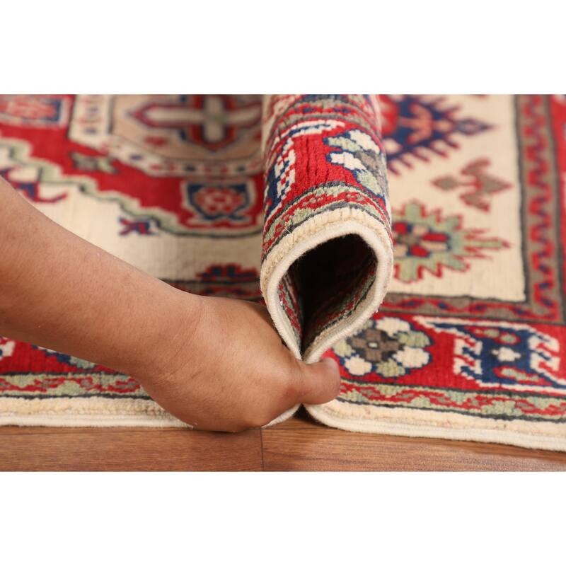 Beige Geometric Kazak Foyer Rug Hand-Knotted Wool Carpet - 2'9" x 4'1"