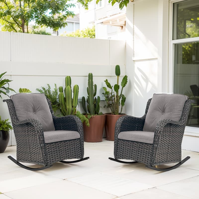 Pocassy Outdoor Rocking Chair Rocker Chairs Set - 2PCS Rocker Chair - Brown Rattan Grey Cushion