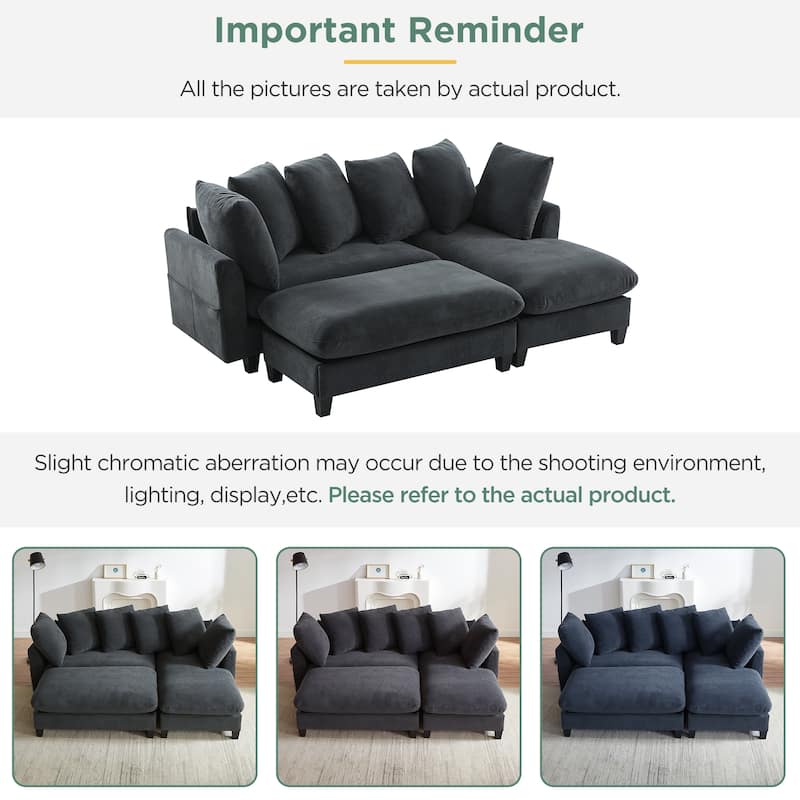 83" L-Shaped Sectional Sofa with Storage Seats Movable Ottoman Curved Armrests Chenille Couch with 6 Pillows