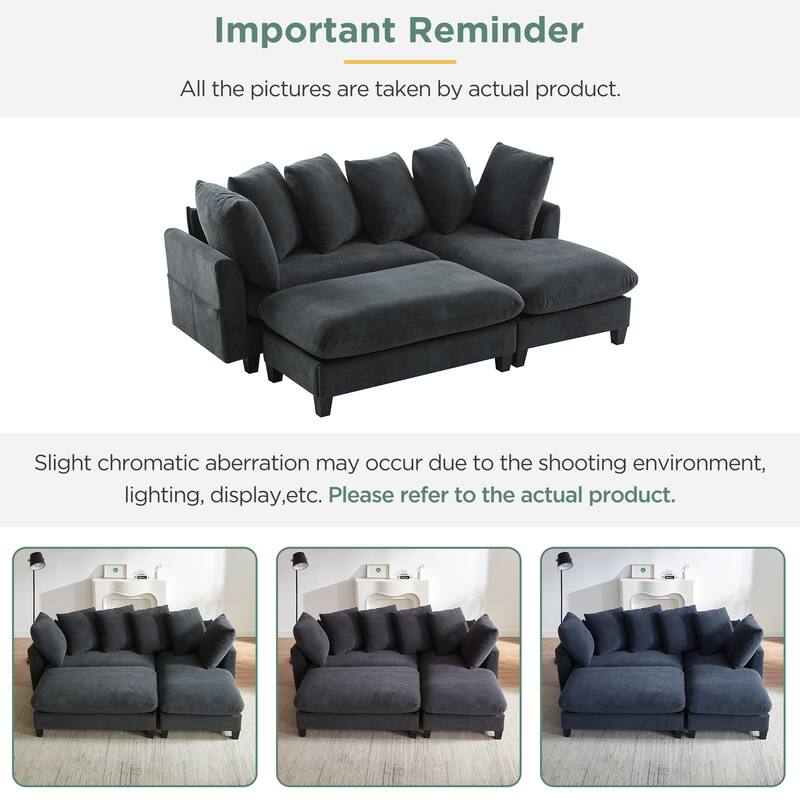 Chenille Sectional Sofa L-shaped Sofa with Movable Ottoman, Upholstered Sectional Sofa with 6 Throw Pillows, Bottom storage