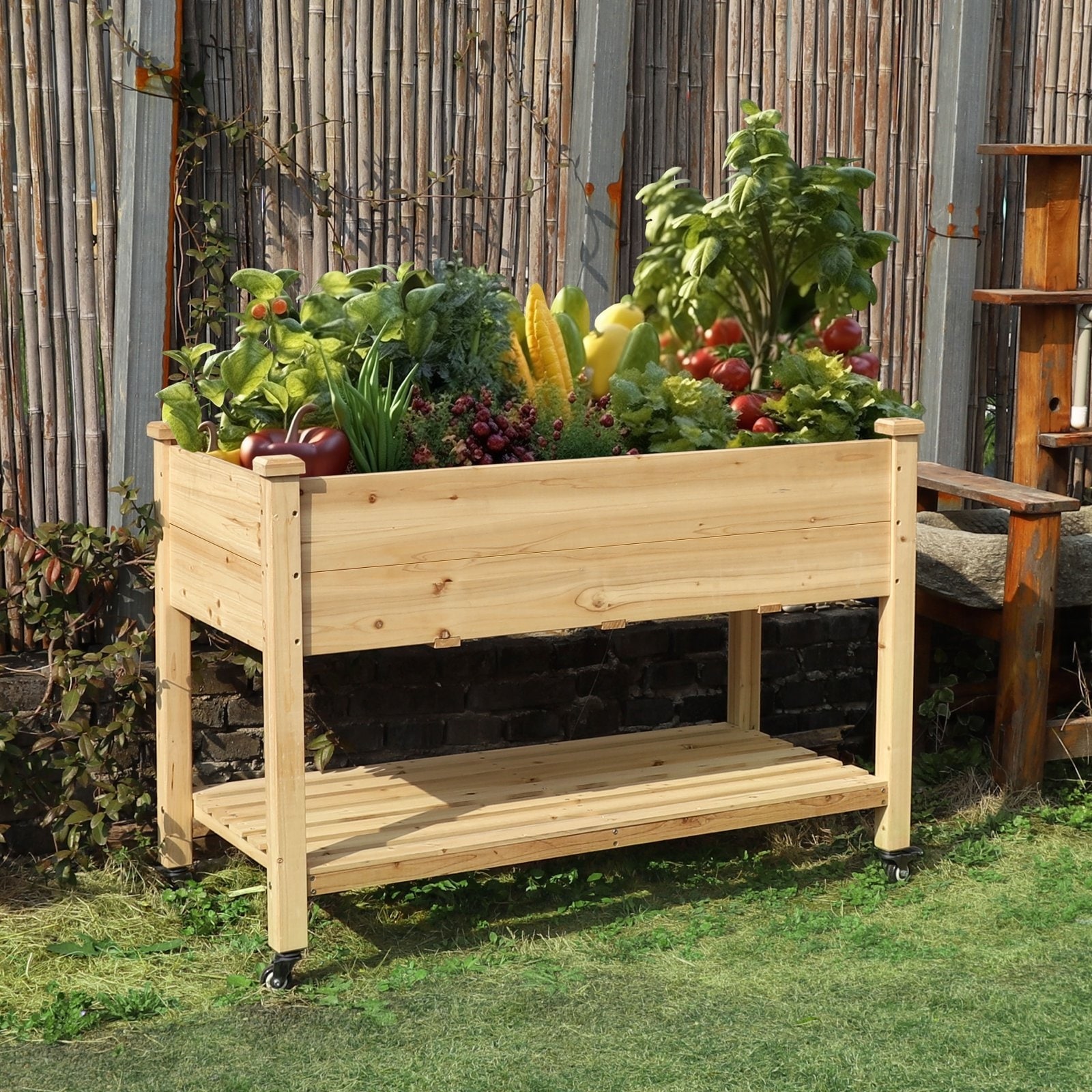 VEIKOUS 48 in. x 24 in. x 33 in. Wood Raised Garden Bed with Wheels & Storage Shelf