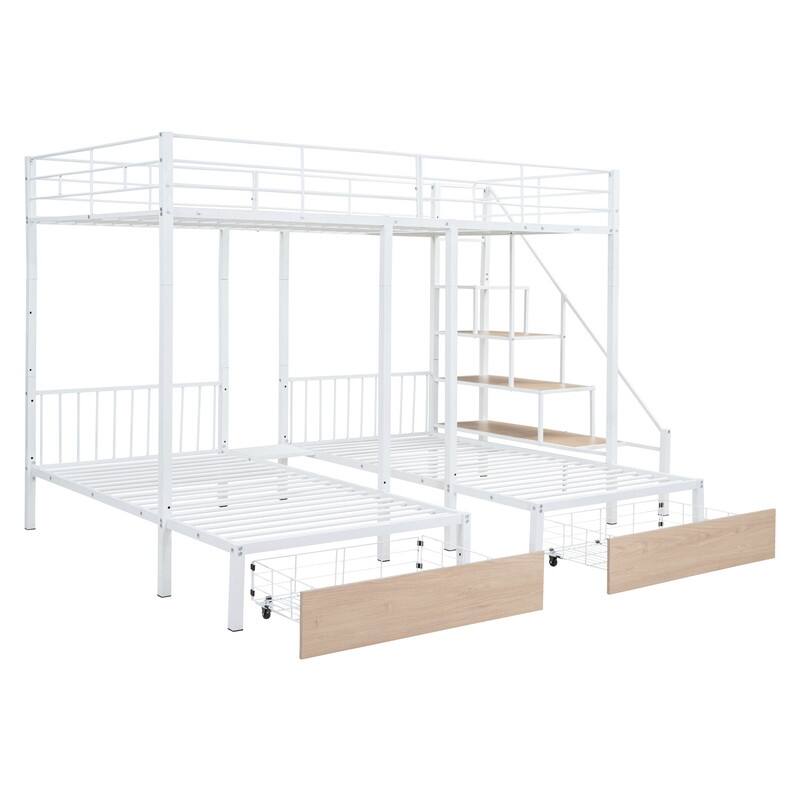 Full over Twin over Twin Metal Triple Bunk Bed with Drawers, Staircase