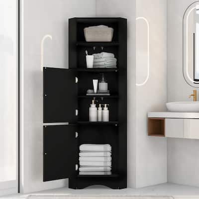 Bathroom Tall Corner Cabinet with Doors and Adjustable Shelves,Black - Bathroom Cabinet