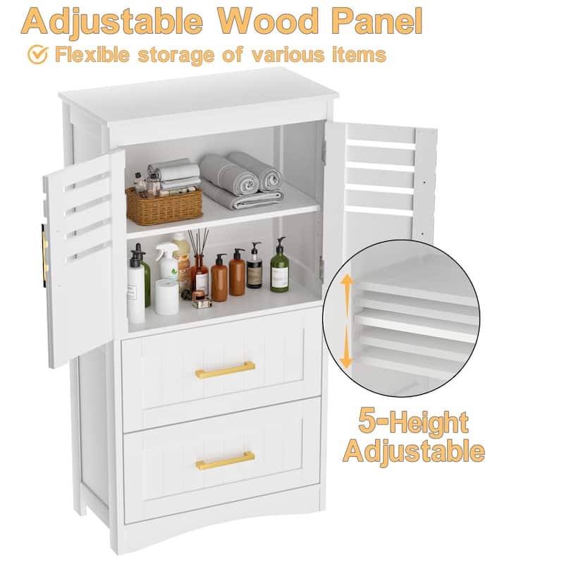 Bathroom Floor Storage Cabinet, Freestanding Bathroom Cabinet with 2 Drawers 2 Doors, Storage Cabinet with Gold handle