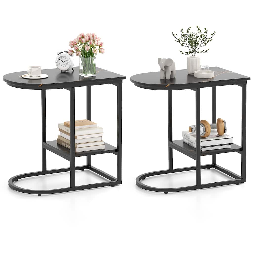 Gymax 2PCS C-Shaped Side Table Compact 2-tier Storage End Table for