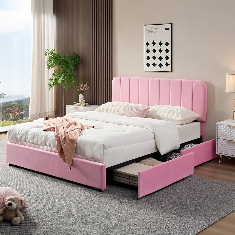 Pink Upholstered Platform Bed Frame with 4 Storage Drawers, Adjustable Velvet Rivets Headboard