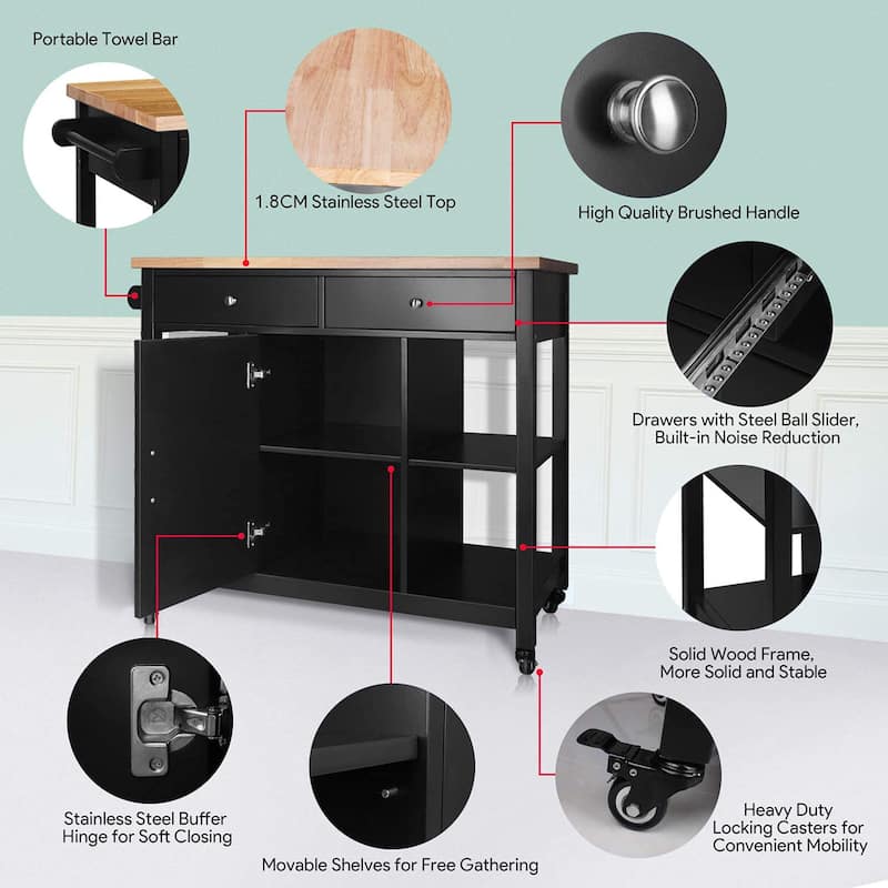Kitchen Island with Wood Top, Kitchen Cabinet with Adjustable Shelves, Kitchen Cart with Locking Wheels