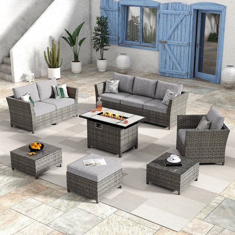 HOOOWOOO 10-piece Wicker Rattan Patio Furniture Sectional Set with Fire Pit - Dark Grey