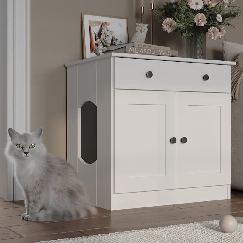 Palace Imports 100% Solid Wood Ziva 2-Door Cat Litter Box Enclosure with 2-Drawers - White