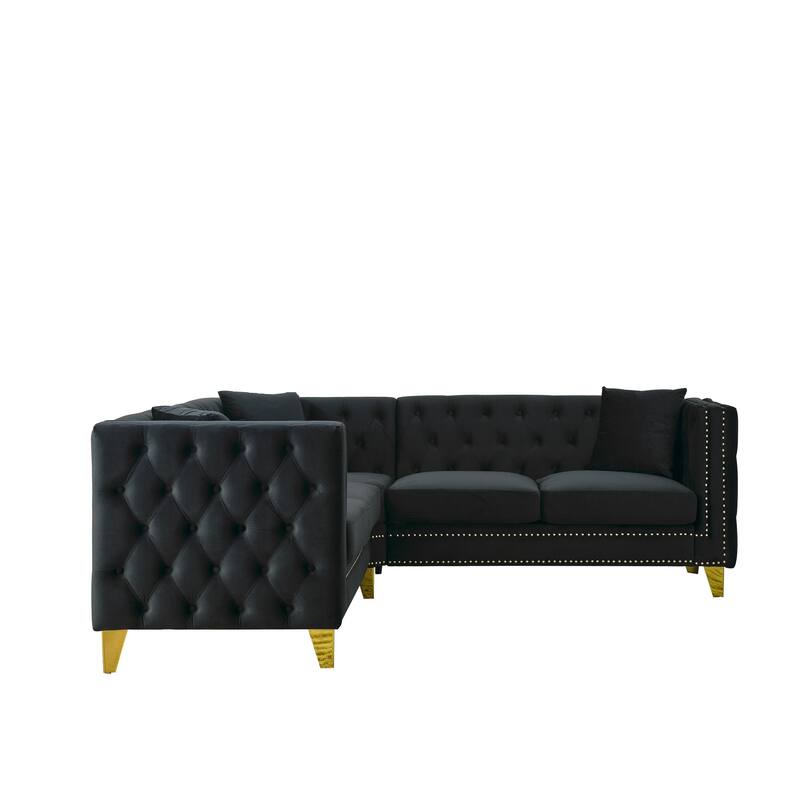 Velvet L Shaped Sofa Couch, Tufted Upholstered Sectional Couch, 5 Seater Corner Sofa with Tapered Legs & 3 Pillows