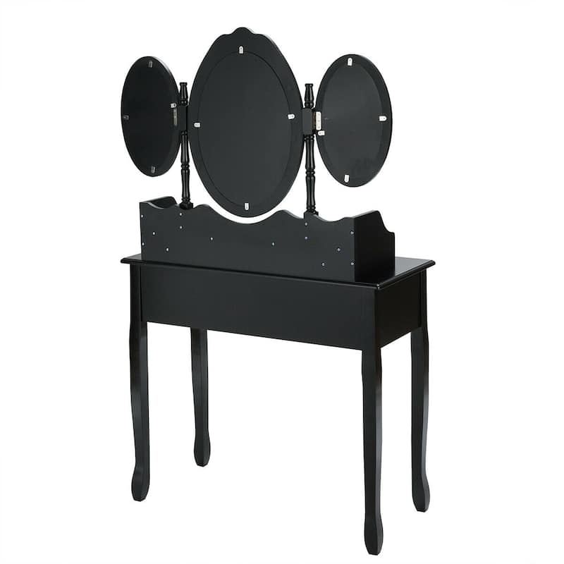 Gymax Vanity Makeup Set W/7 Drawer Tri-Folding Mirror Dressing Table &