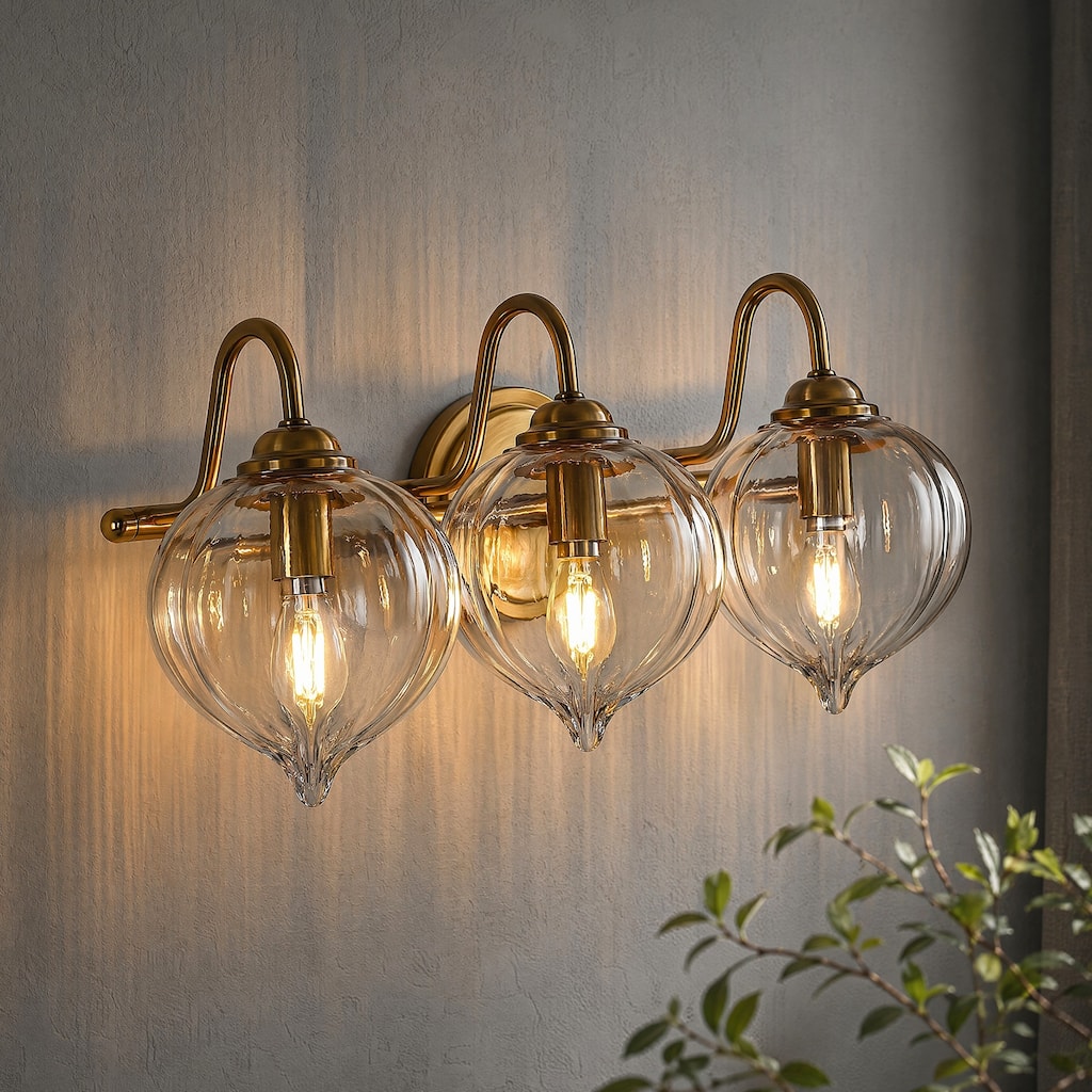 3-Light Pumpkin Glass Vanity Light Gold-Plated Metal