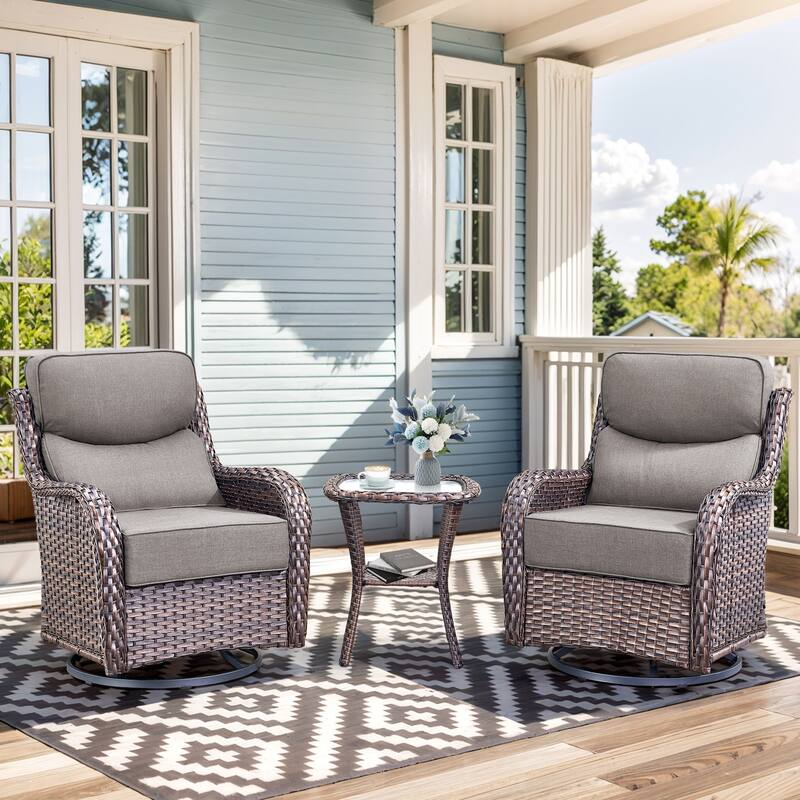 Pocassy Outdoor Glider Chairs Table with 4Inch 5Inch 6Inch Cushion - Brown Wicker Grey Cushion - 3PCS Swivel Chair Table with 6 Inch Cushion