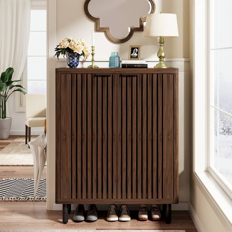 24 Pairs Wood Shoe Storage Cabinet with 2-Door and Adjustable Shelving for Entryway Living Room