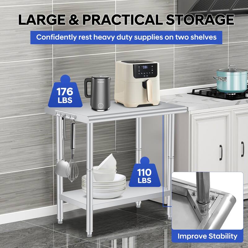 Double Layered Stainless Steel Work Table, Curved Edge Workbench with hooks