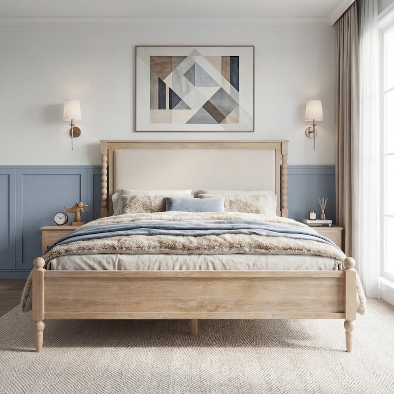 Christopher Knight Home - Traditional Wooden Platform Bed with Upholstered Headboard and Spindle Accent Design