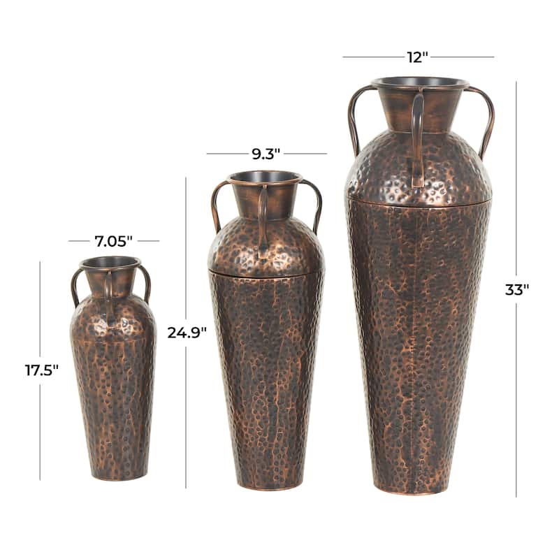 Metal Tall Floor Weathered Amphora Vase with Hammered Details and Handles - Set of 3 Copper - Roche River Decor