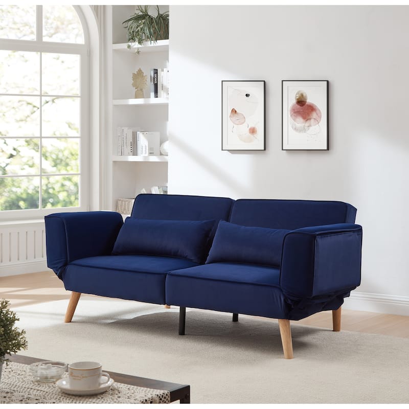 Futon Sleeper Sofa Bed Velvet Recliner Sofa Loveseat Couch with Adjustable Armrests, Splitback Recline and Pillows - Navy Blue