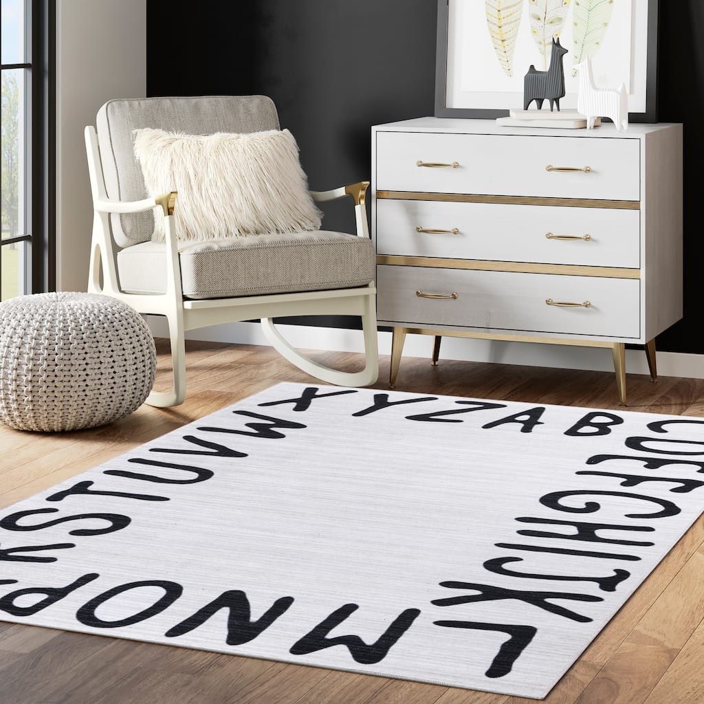 Abani Rugs Parker PAR100A Alphabet Ivory and White Area Rug