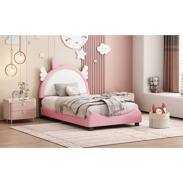 dimension image slide 0 of 3, Upholstered Leather Platform Bed with Unicorn Shape Headboard, Platform Bed Frame with Unicorn Ornament for Kids,Pink
