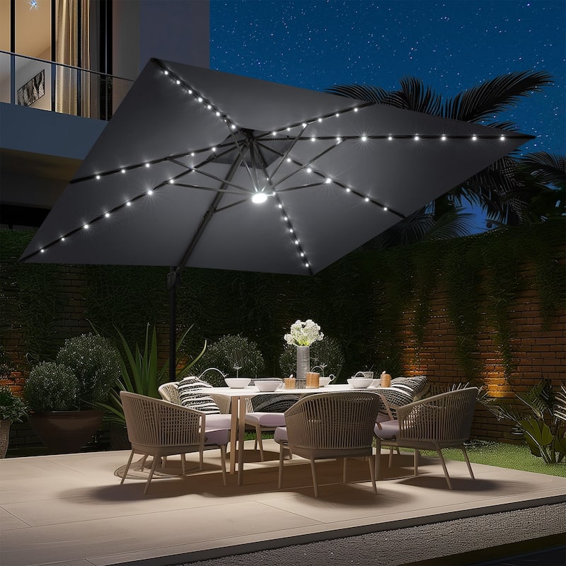 11 FT Outdoor Solar Powered LED Patio Cantilever Umbrella Double Top Square Umbrella