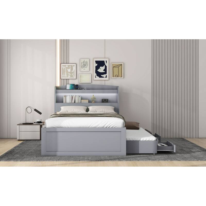 Twin XL Platform Bed with Storage, LED Headboard, Charging Station, Trundle, and Drawers, Gray