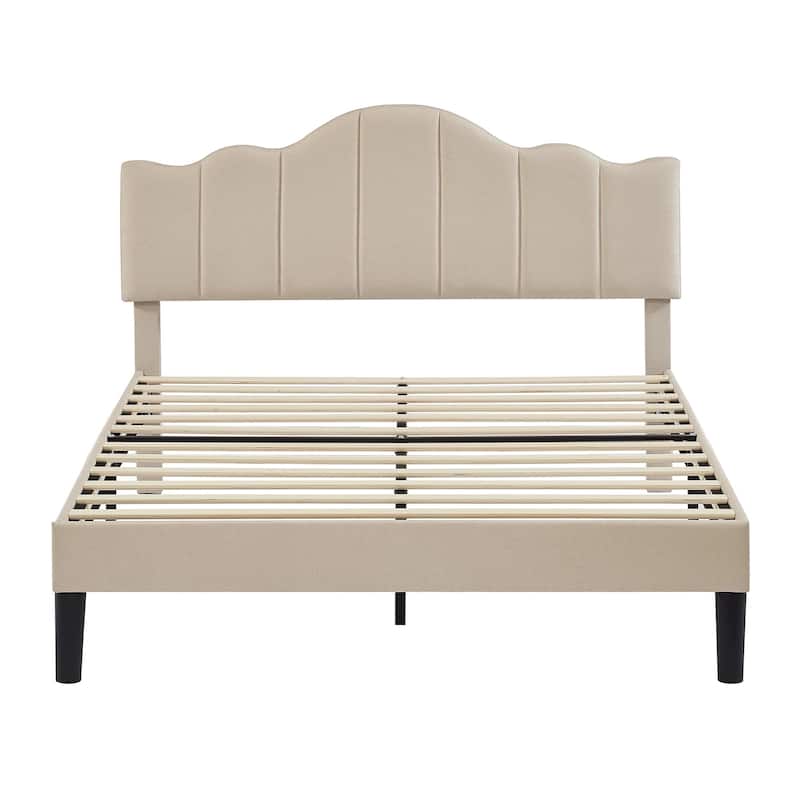 VECELO Modern Upholstered Platform Bed with Adjustable Headboard, Dark Blue/ White/ Grey/ Beige Bed Frames