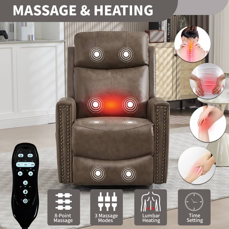 Genuine Leather Manual Recliner Chair with Heat & Massage, Adjustable Heavy Duty Reclining, Swivel Recliner Chair with Rocker