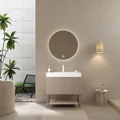 36-Inch Acrylic Integrated Basin Bathroom Vanity with Natural Wood Grain Drawer Panel, Soft Close System, and Spacious Storage