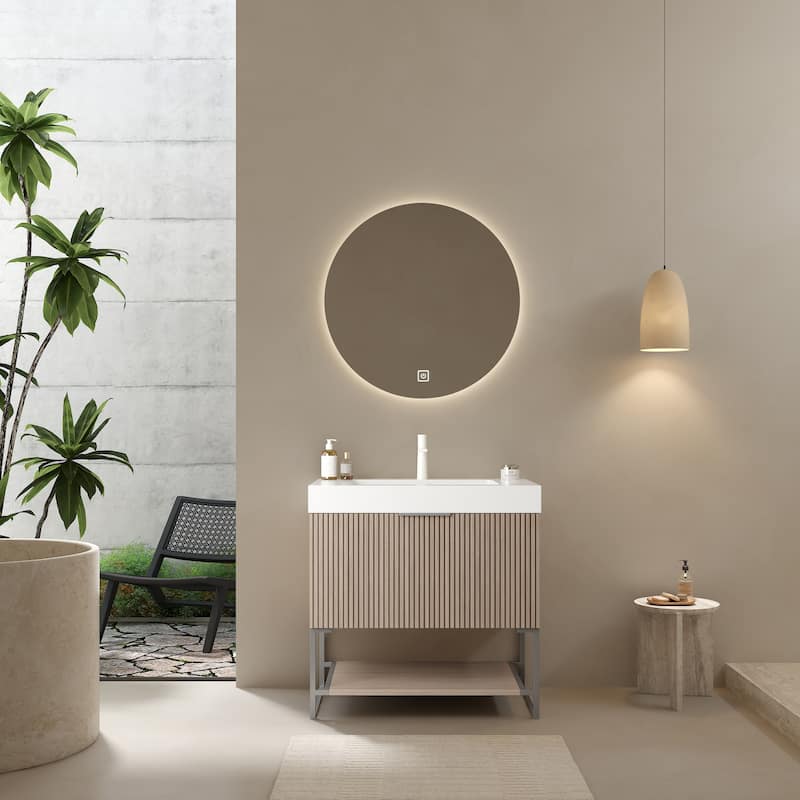 Bathroom Storage Vanity with Integrated Rectangular Sink, No Faucet - Brown Oak,White