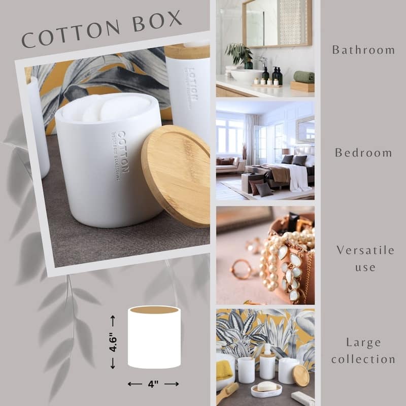 Sleek Cotton Pad Holder - Polyresin Bathroom Storage Container with Bamboo Lid - 4 L x 4 W x 4.6H