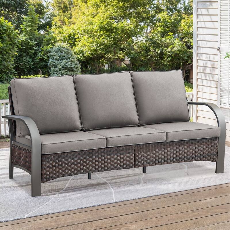 Outdoor Sofa Patio Furniture Set - Brown Rattan - Grey Cushion - 1PC Sofa