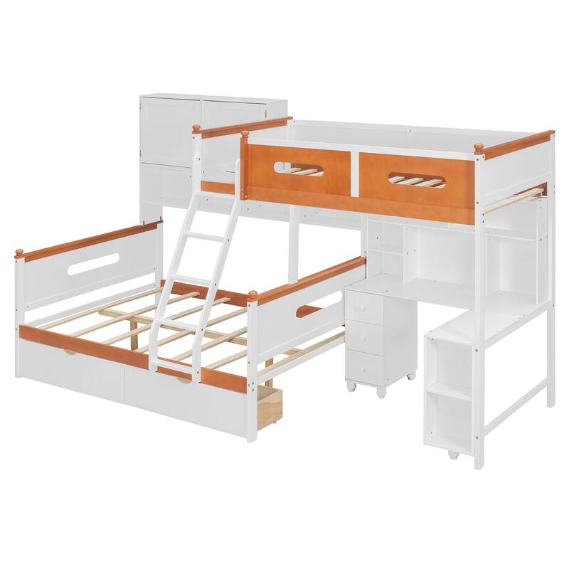 Twin Over Full Wooden Bunk Bed with Desk, Drawers, Shelves, and LED Light