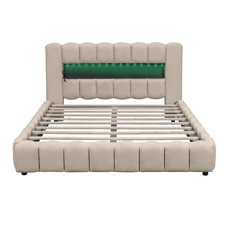 Beige Queen Size Upholstered Platform Bed with LED Headboard and USB ...