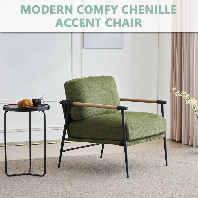 Accent Chairs Set of 2 White Armchair Chenille for Living Room Mid Century Modern Chair Metal Leg Veneer Metal Armrest,2PCS