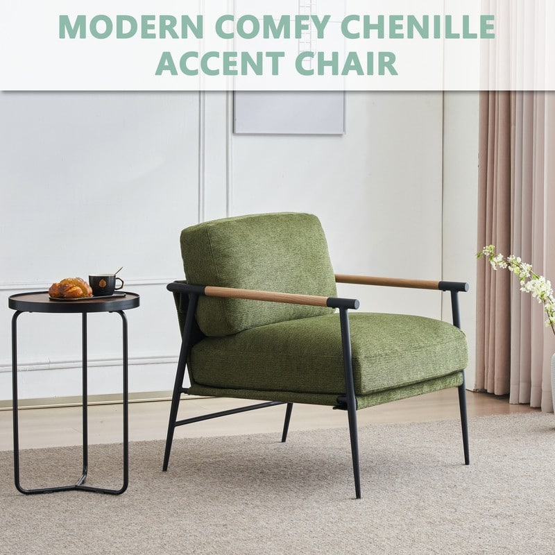 White Accent Chair Armchair Chenille for Living Room Mid Century Modern Accent Chair Metal Leg,Comfy Cushion Veneer Armrest