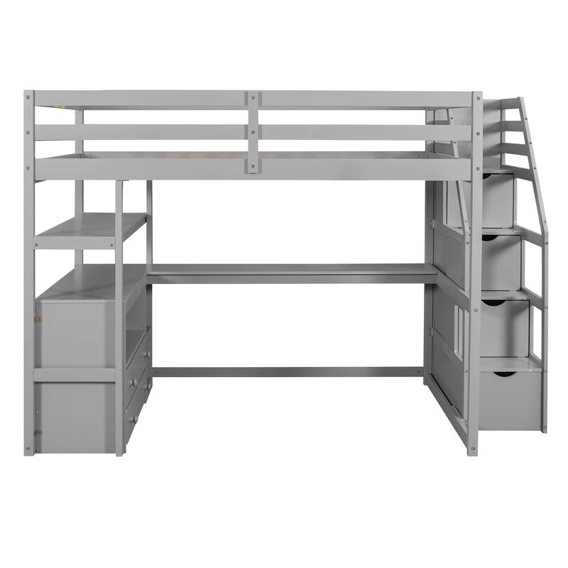 Full Size Loft Bed with Desk, Shelves, Drawers, and Storage Staircase in Gray