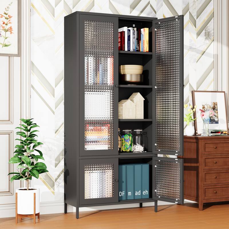 5 Shelves Cabinet Bookcase Freestanding Cabinet for Home Office,Large Metal Storage Cabinet Display Cabinet with 4 Glass Doors