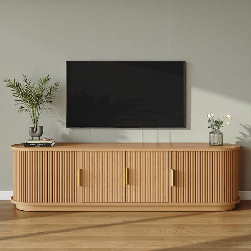 66.9'' Farmhouse TV Stand for 75'' TV, Wooden Media Console with Sliding Tambour Doors & Adjustable Shelves - Natural
