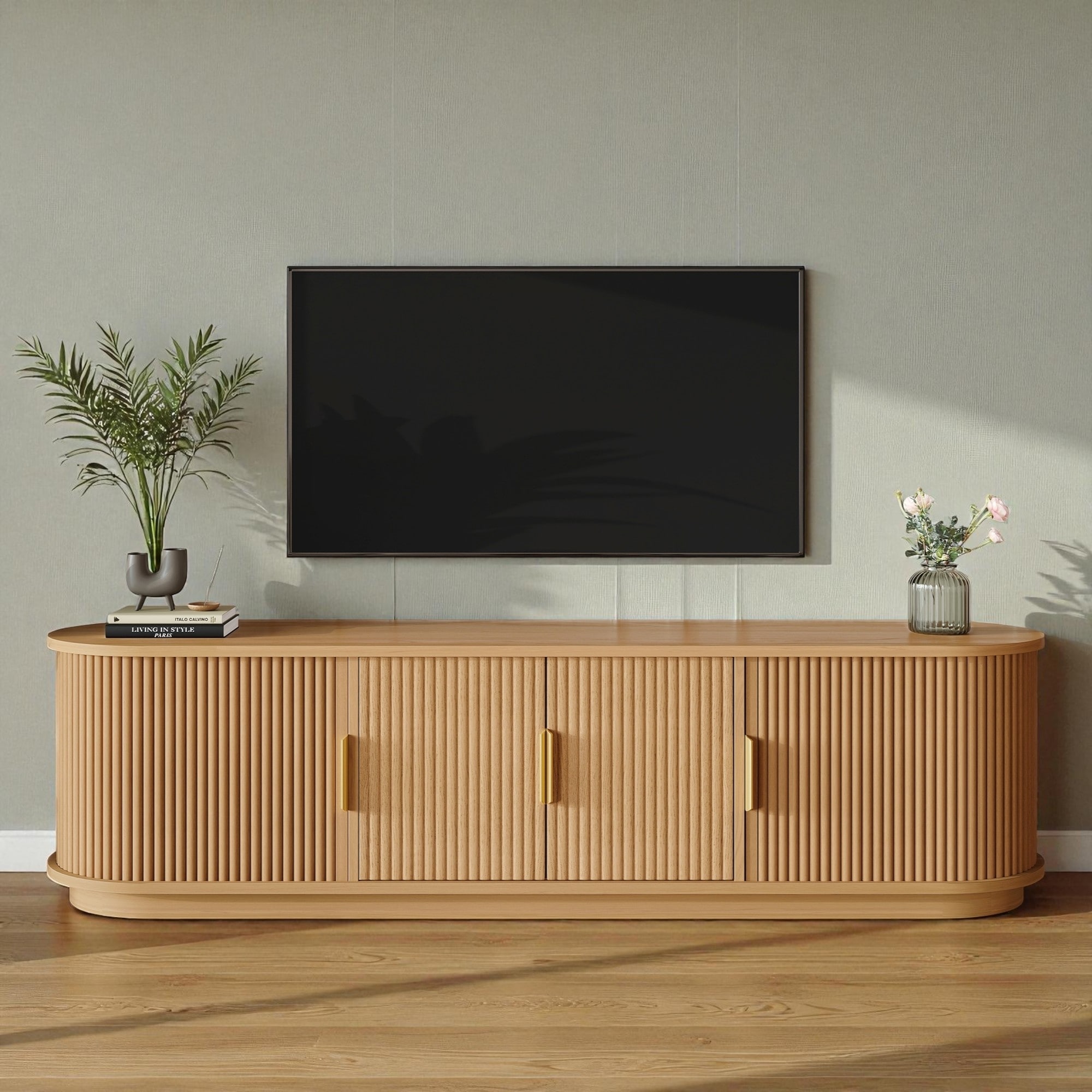 66.9'' Farmhouse TV Stand for 75'' TV, Wooden Media Console with Sliding Tambour Doors & Adjustable Shelves