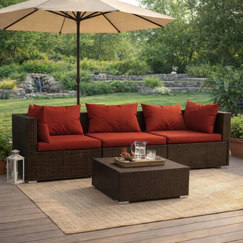 Faye 3pc Outdoor Modular Sectional Sofa Set, 3 Cushions, Red Brown