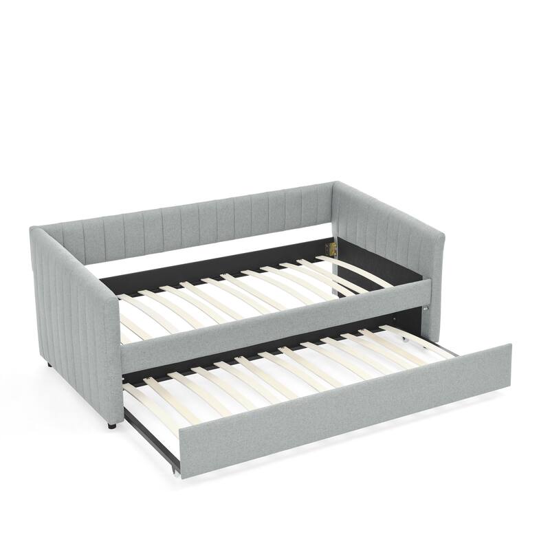 Roomfitters Twin/Full Daybed with Trundle Upholstered Sofa Bed Frame with Vertical Stripes Linen Design, Grey